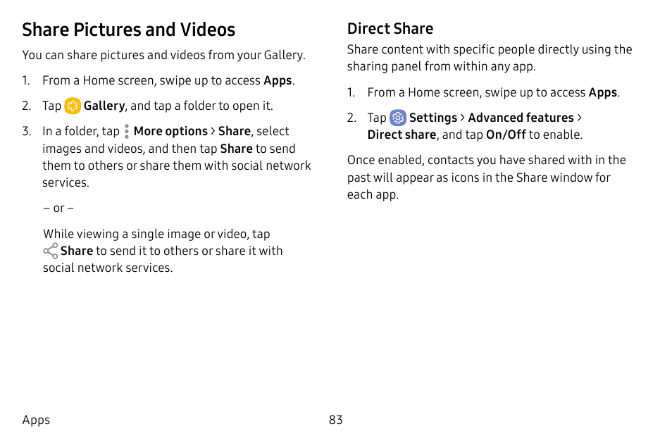 Share pictures and videos, Direct share | Samsung Galaxy S8 User Manual | Page 90 / 213