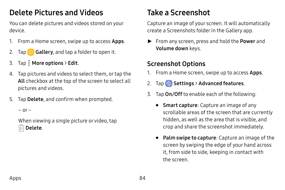 Delete pictures and videos, Take a screenshot | Samsung Galaxy S8 User Manual | Page 91 / 213