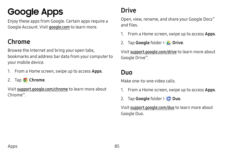 Google apps, Chrome, Drive | Samsung Galaxy S8 User Manual | Page 92 / 213