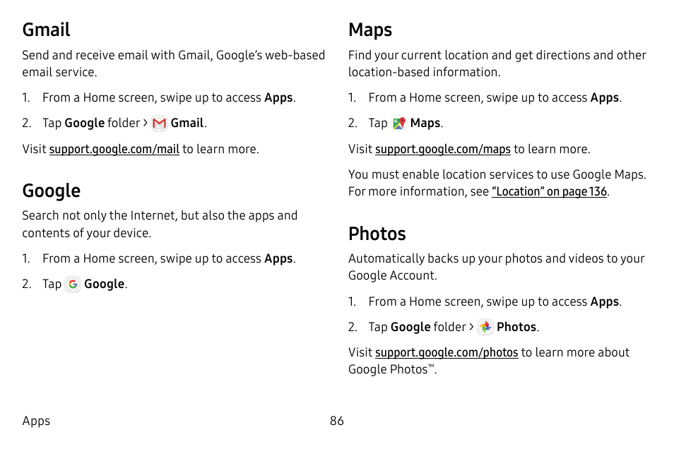 Gmail, Google, Maps | Photos | Samsung Galaxy S8 User Manual | Page 93 / 213