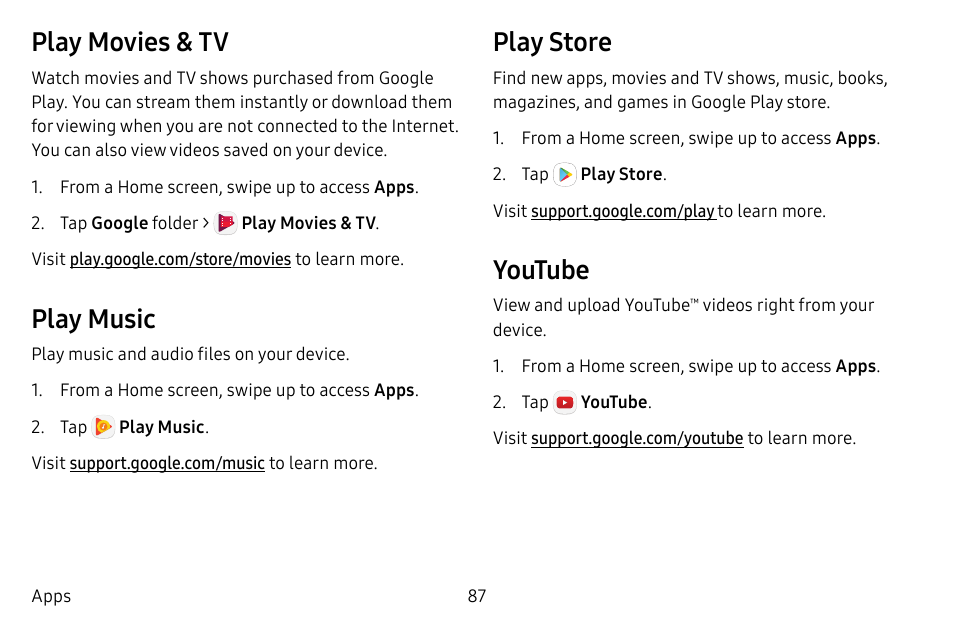 Play movies & tv, Play music, Play store | Youtube | Samsung Galaxy S8 User Manual | Page 94 / 213