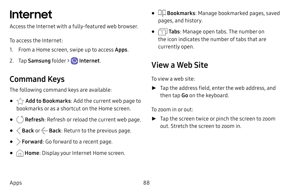 Internet, Command keys, View a web site | Samsung Galaxy S8 User Manual | Page 95 / 213