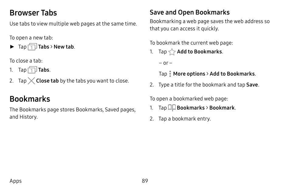 Browser tabs, Bookmarks, Save and open bookmarks | Samsung Galaxy S8 User Manual | Page 96 / 213