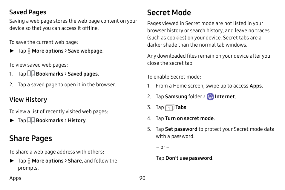 Share pages, Secret mode, Saved pages | View history | Samsung Galaxy S8 User Manual | Page 97 / 213