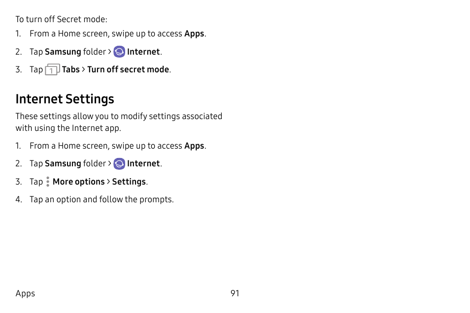 Internet settings | Samsung Galaxy S8 User Manual | Page 98 / 213