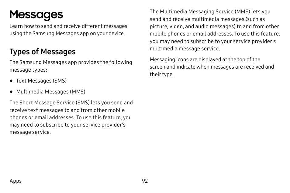 Messages, Types of messages | Samsung Galaxy S8 User Manual | Page 99 / 213