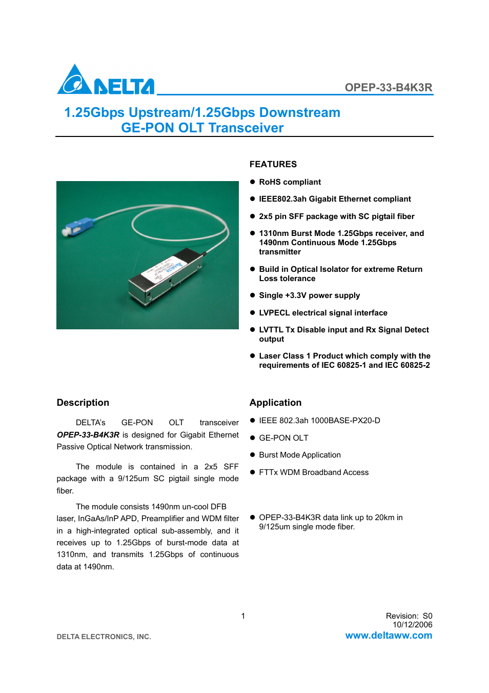 Delta Electronics GE-PON OLT Transceiver OPEP-33-B4K3R User Manual | 8 pages