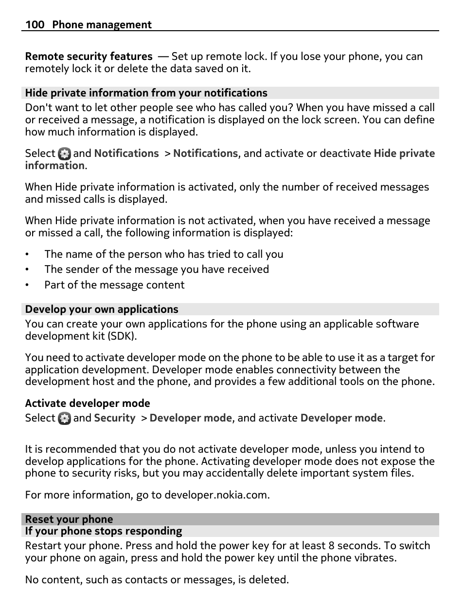 Hide private information from your notifications, Develop your own applications, Reset your phone | If your phone stops responding | Nokia 9 User Manual | Page 100 / 116