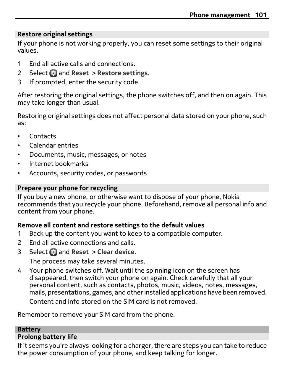 Restore original settings, Prepare your phone for recycling, Battery | Prolong battery life | Nokia 9 User Manual | Page 101 / 116