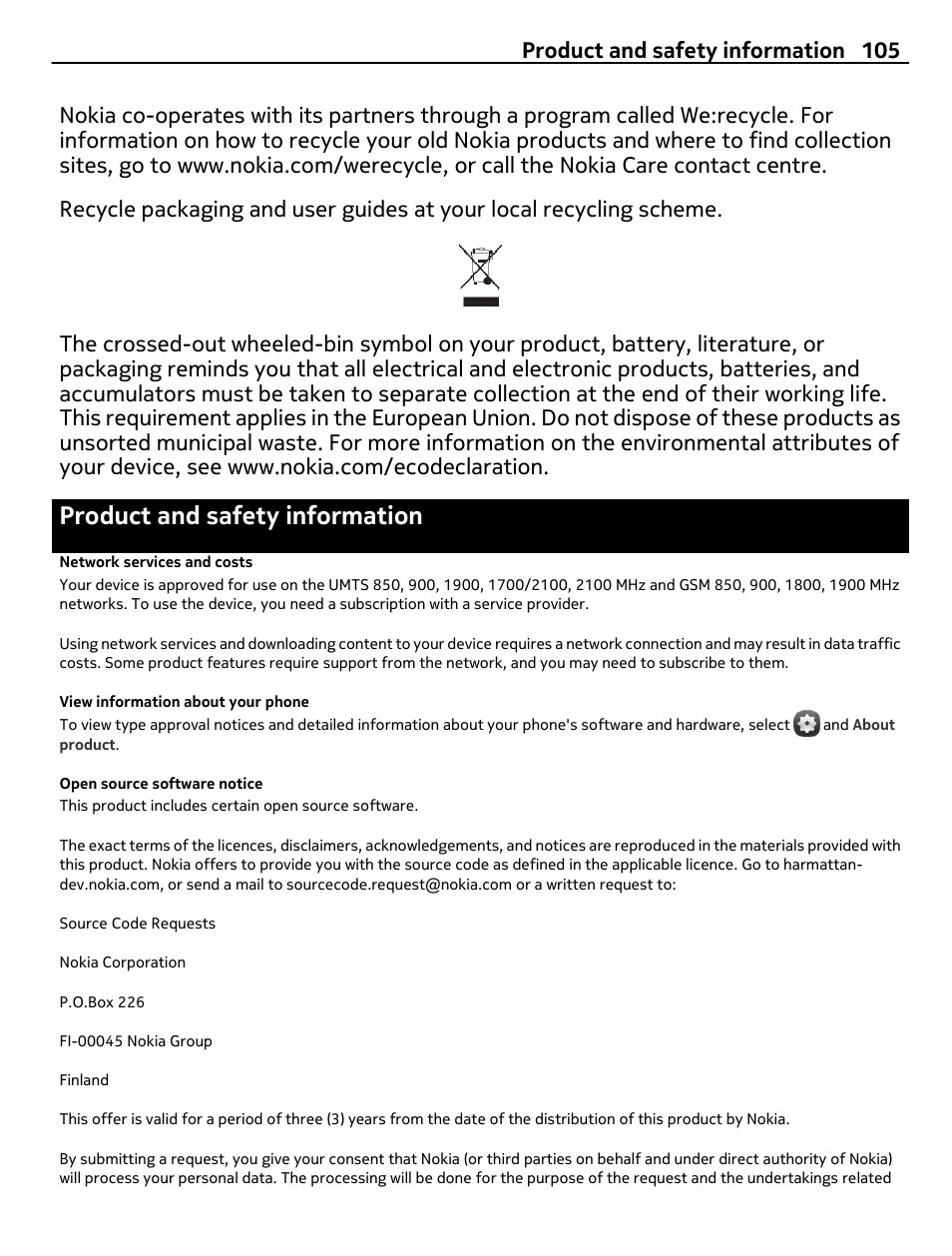 Product and safety information, Network services and costs, View information about your phone | Open source software notice, Product and safety information 105 | Nokia 9 User Manual | Page 105 / 116