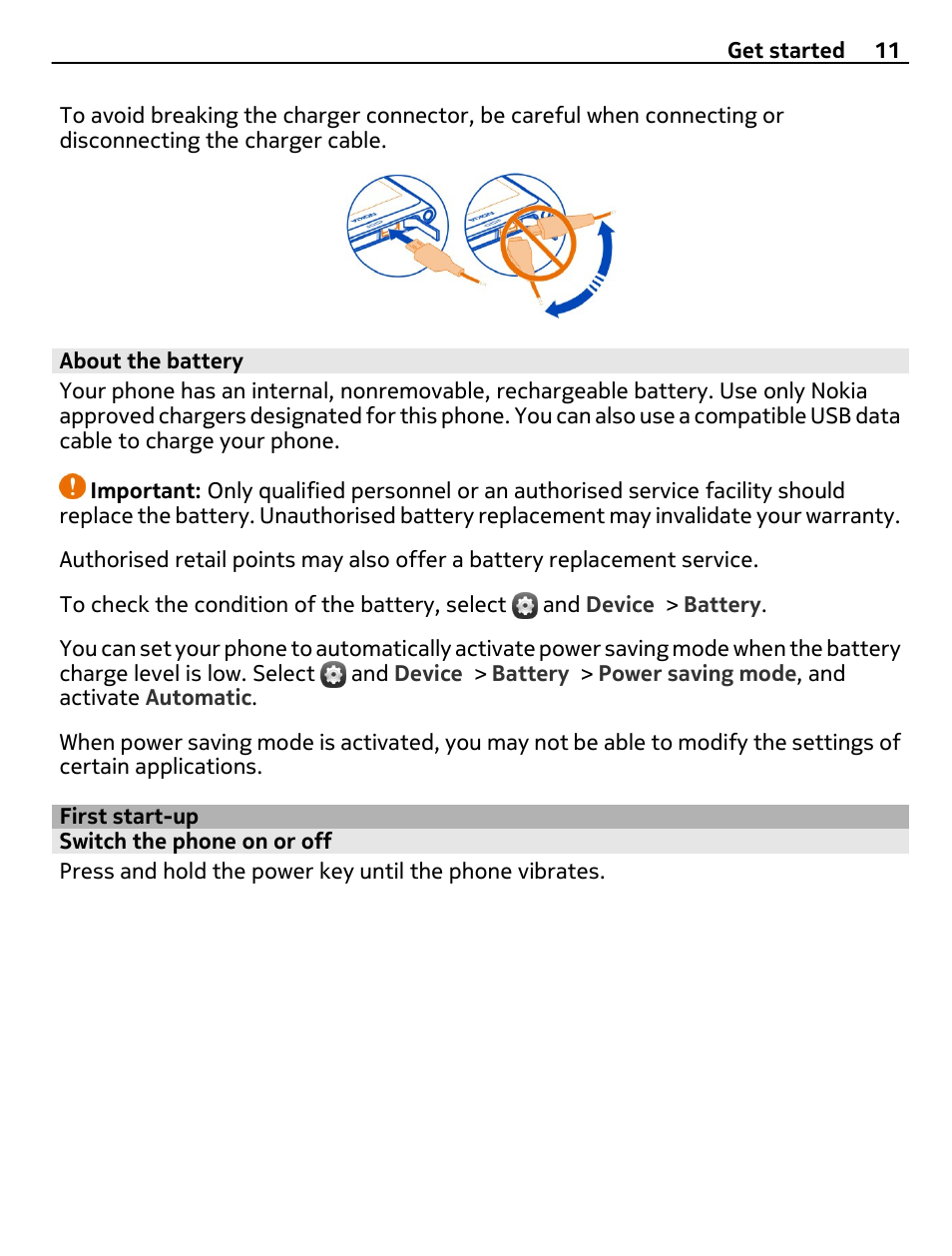 About the battery, First start-up, Switch the phone on or off | Nokia 9 User Manual | Page 11 / 116