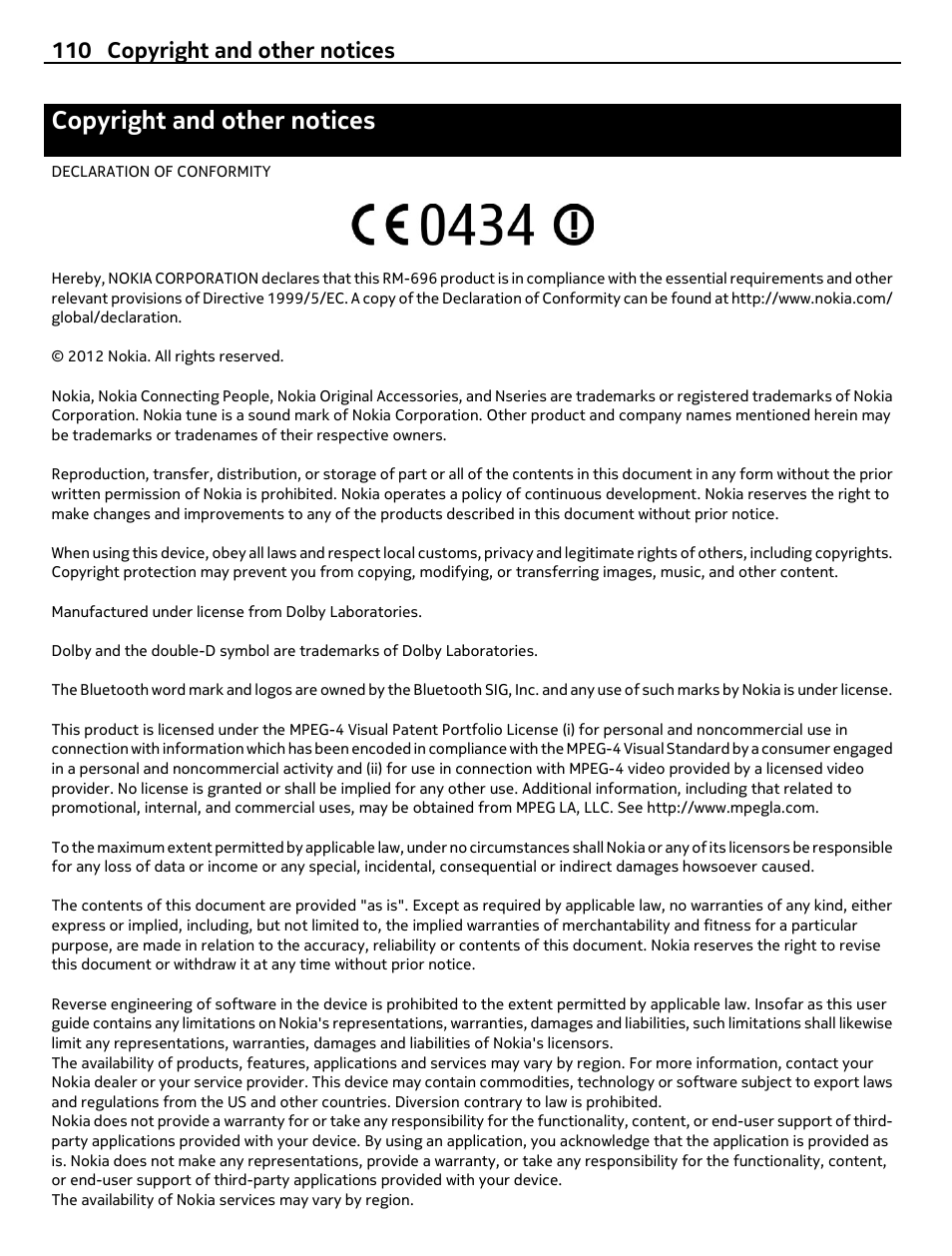 Copyright and other notices, 110 copyright and other notices | Nokia 9 User Manual | Page 110 / 116