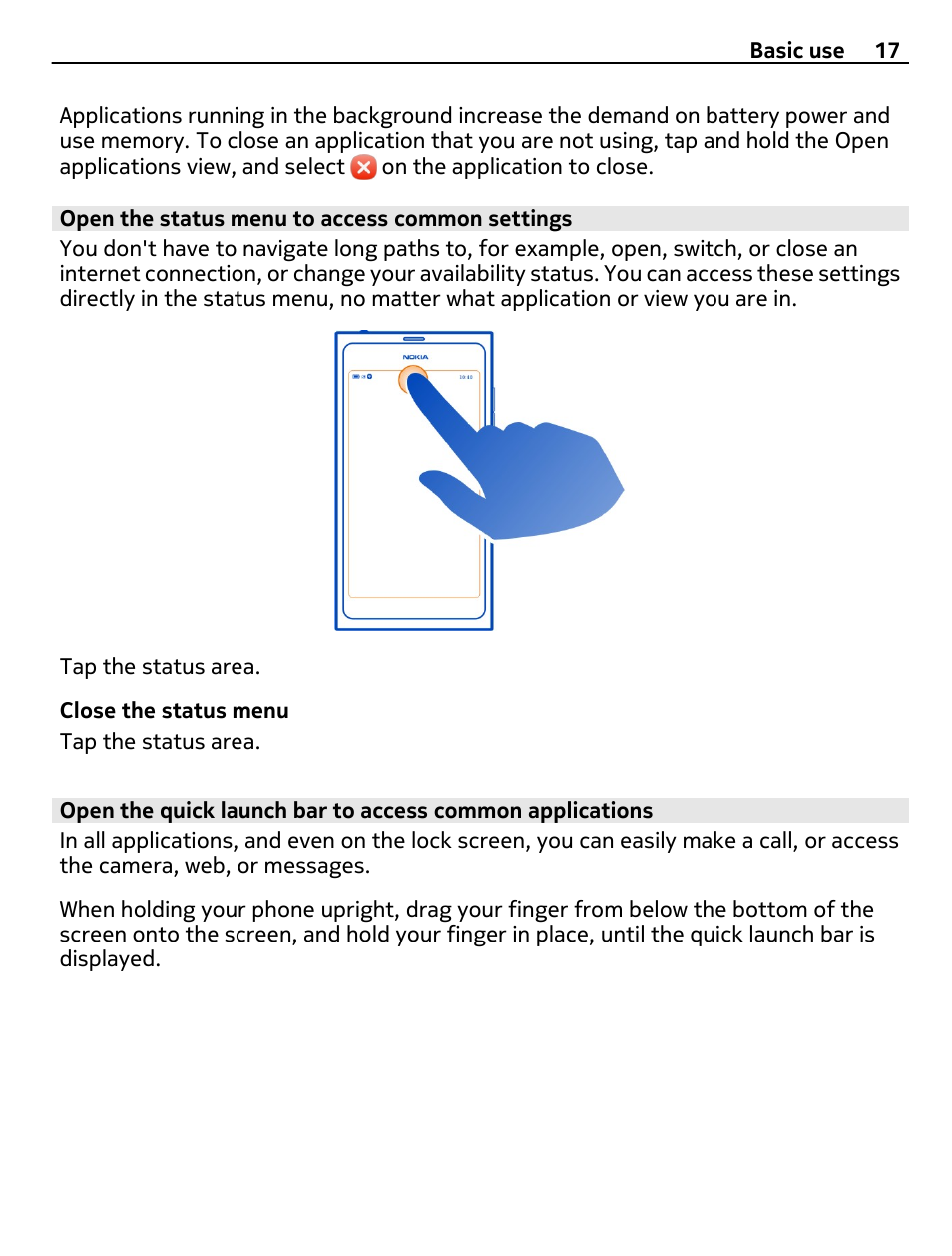 Open the status menu to access common settings | Nokia 9 User Manual | Page 17 / 116