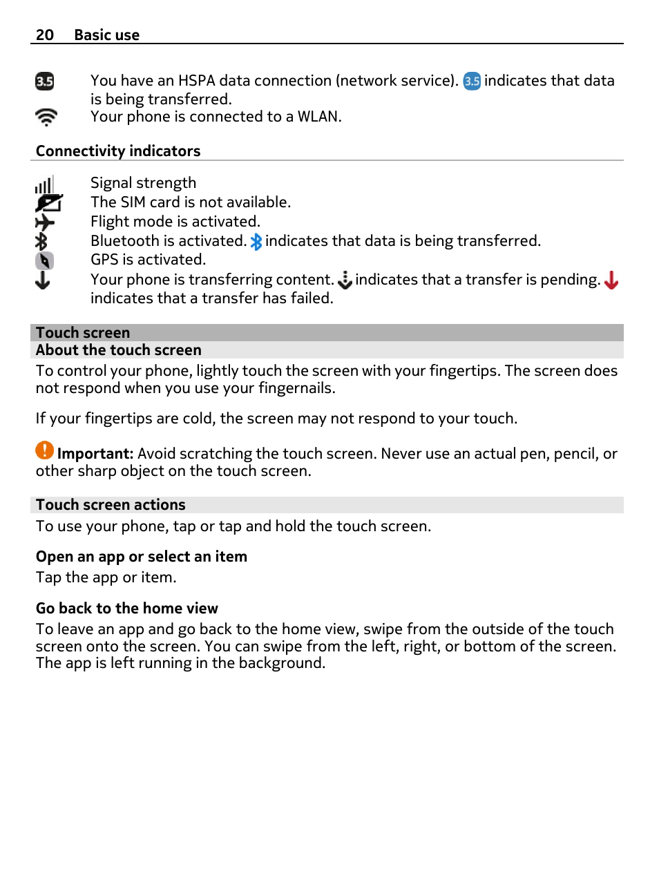Touch screen, About the touch screen, Touch screen actions | Nokia 9 User Manual | Page 20 / 116