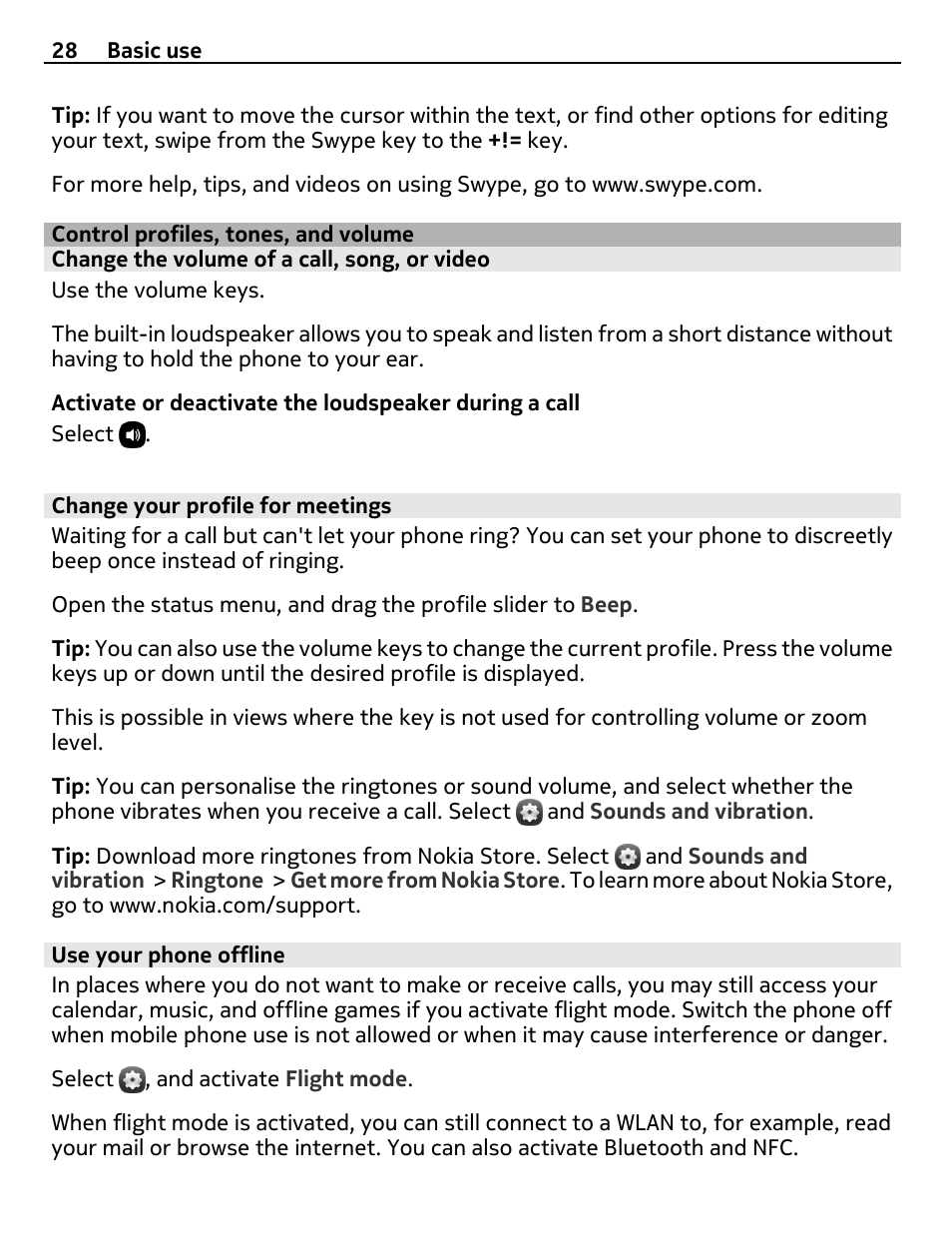 Control profiles, tones, and volume, Change the volume of a call, song, or video, Change your profile for meetings | Use your phone offline, Control profiles, tones, and volume 28 | Nokia 9 User Manual | Page 28 / 116