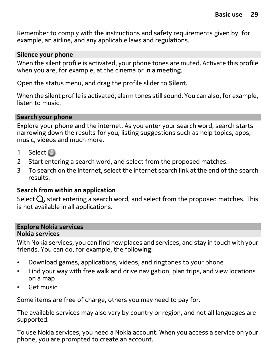 Silence your phone, Search your phone, Explore nokia services | Nokia services | Nokia 9 User Manual | Page 29 / 116