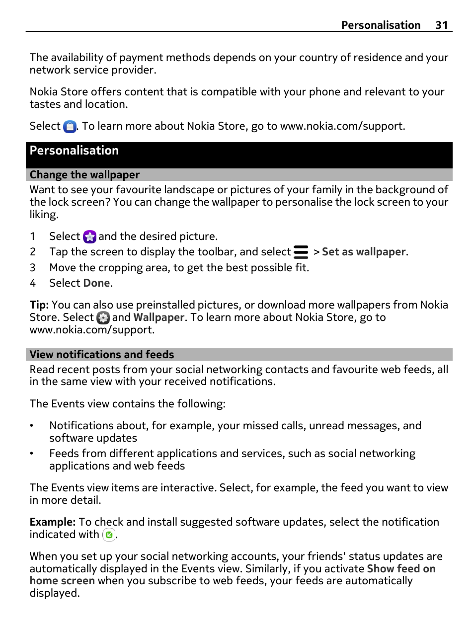 Personalisation, Change the wallpaper, View notifications and feeds | Nokia 9 User Manual | Page 31 / 116