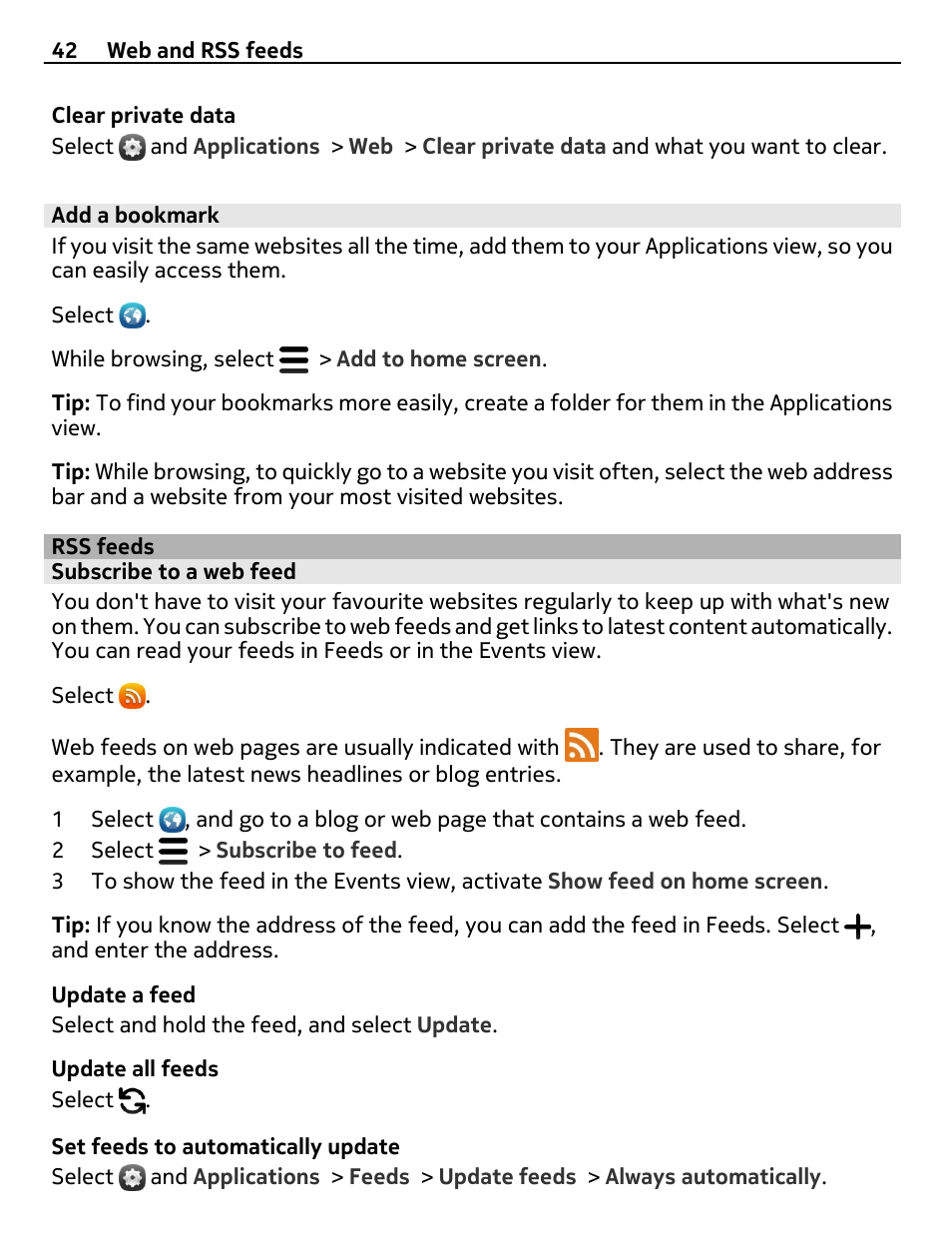 Add a bookmark, Rss feeds, Subscribe to a web feed | Nokia 9 User Manual | Page 42 / 116