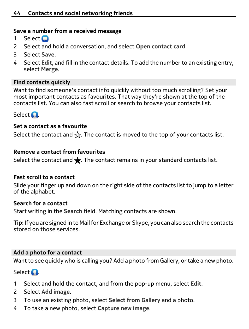 Find contacts quickly, Add a photo for a contact | Nokia 9 User Manual | Page 44 / 116
