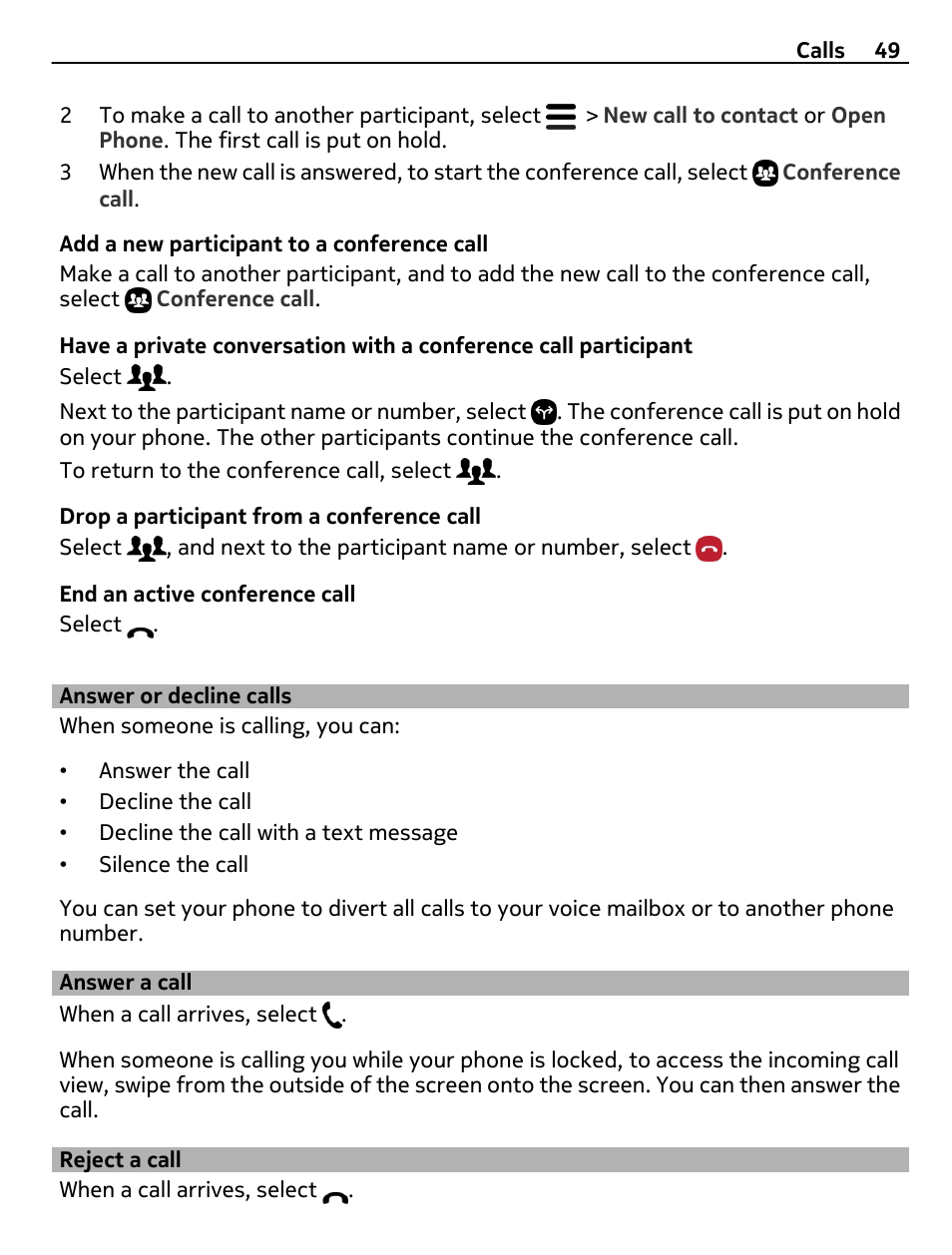 Answer or decline calls, Answer a call, Reject a call | Nokia 9 User Manual | Page 49 / 116