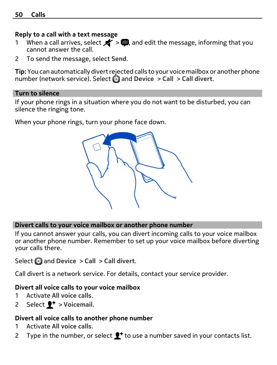 Turn to silence, Divert calls to your voice mailbox or, Another phone number | Nokia 9 User Manual | Page 50 / 116