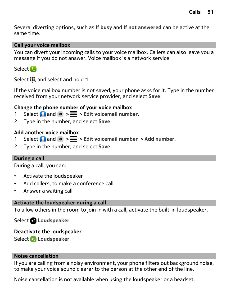 Call your voice mailbox, During a call, Activate the loudspeaker during a call | Noise cancellation, Activate the loudspeaker during a, Call | Nokia 9 User Manual | Page 51 / 116