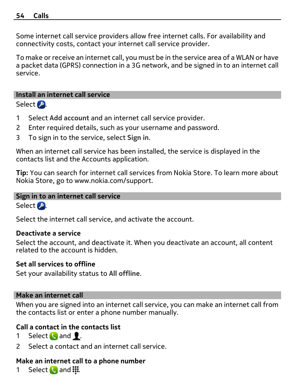 Install an internet call service, Sign in to an internet call service, Make an internet call | Nokia 9 User Manual | Page 54 / 116