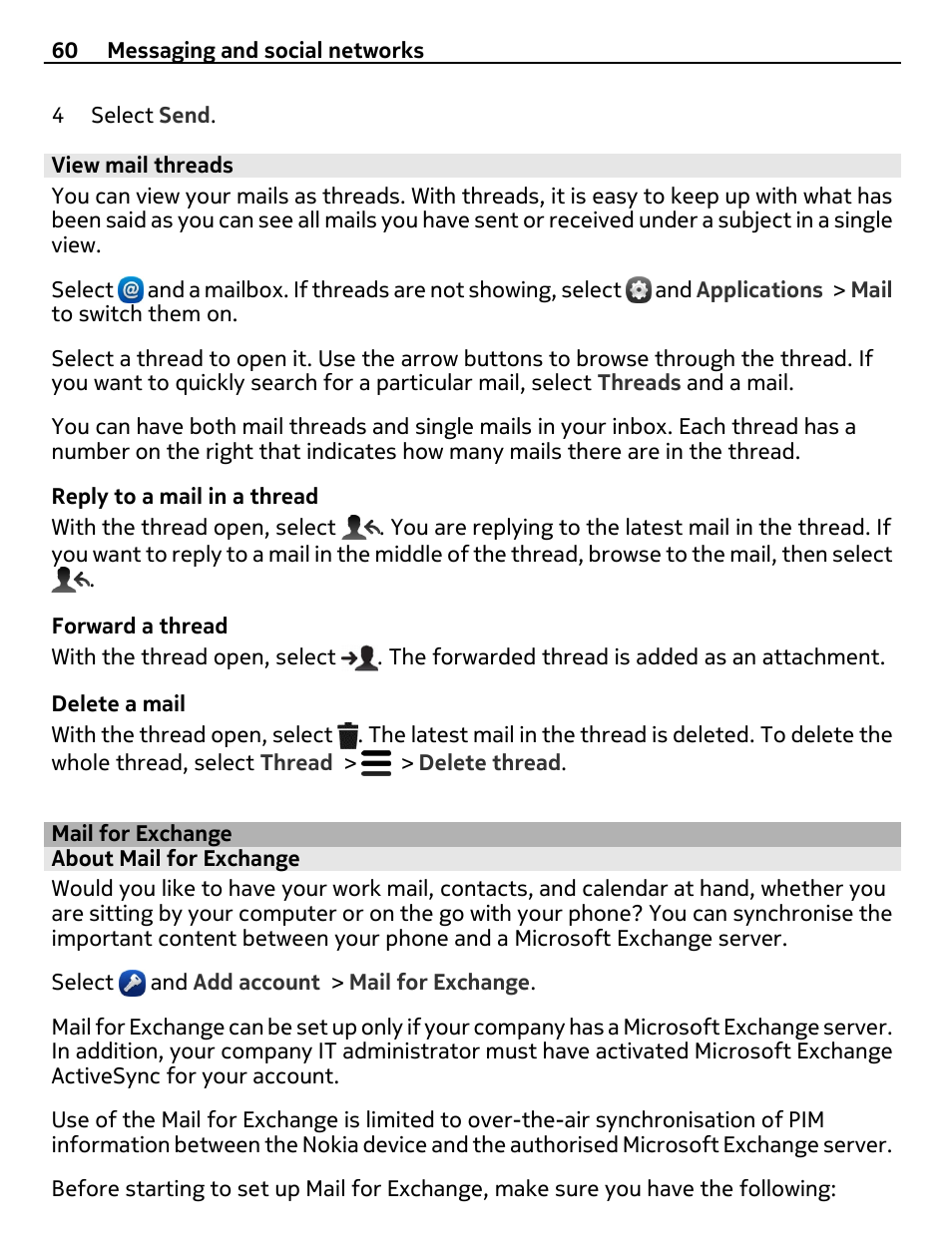 View mail threads, Mail for exchange, About mail for exchange | Nokia 9 User Manual | Page 60 / 116