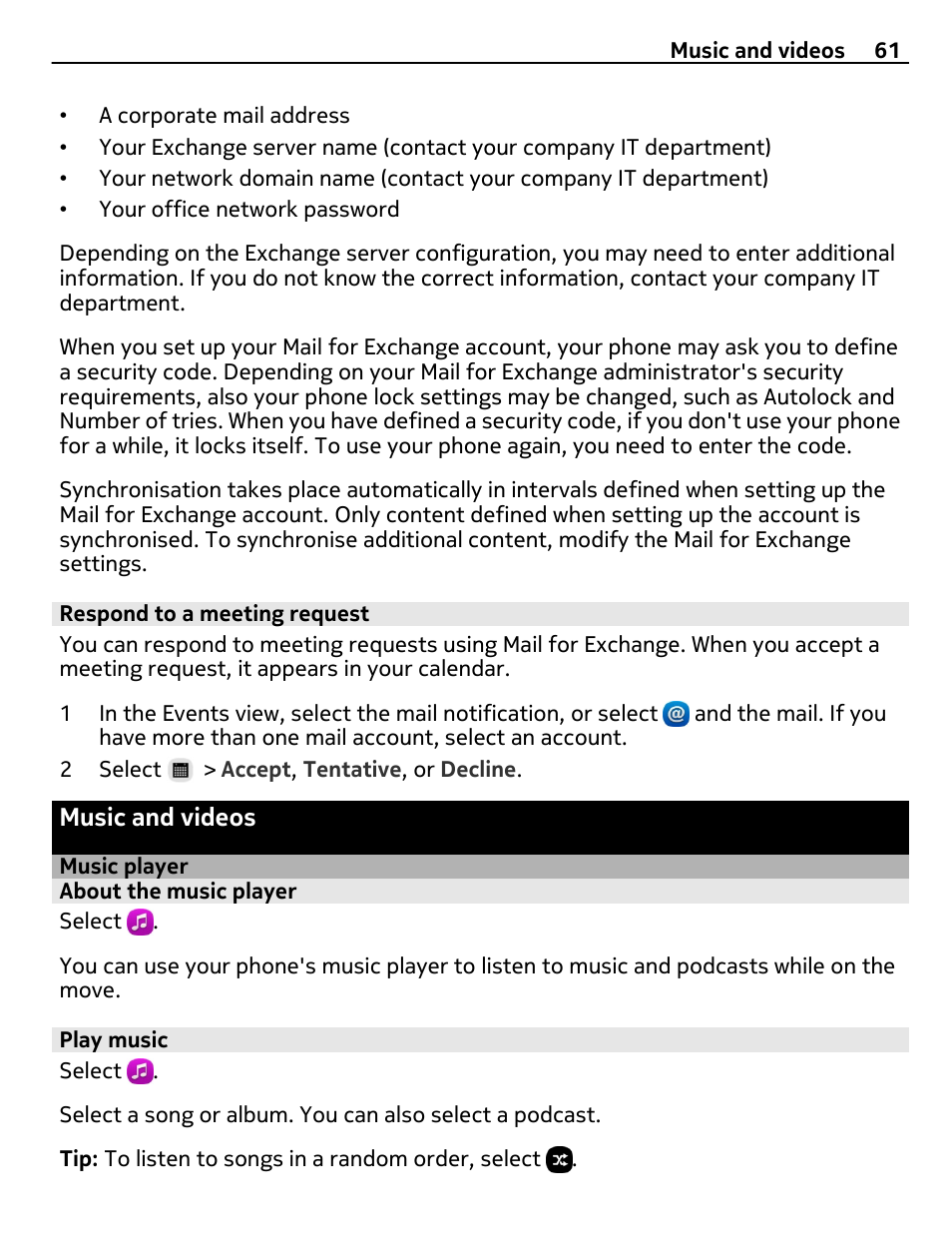 Respond to a meeting request, Music and videos, Music player | About the music player, Play music | Nokia 9 User Manual | Page 61 / 116