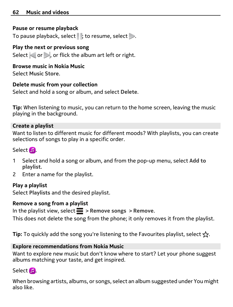 Create a playlist, Explore recommendations from nokia music | Nokia 9 User Manual | Page 62 / 116