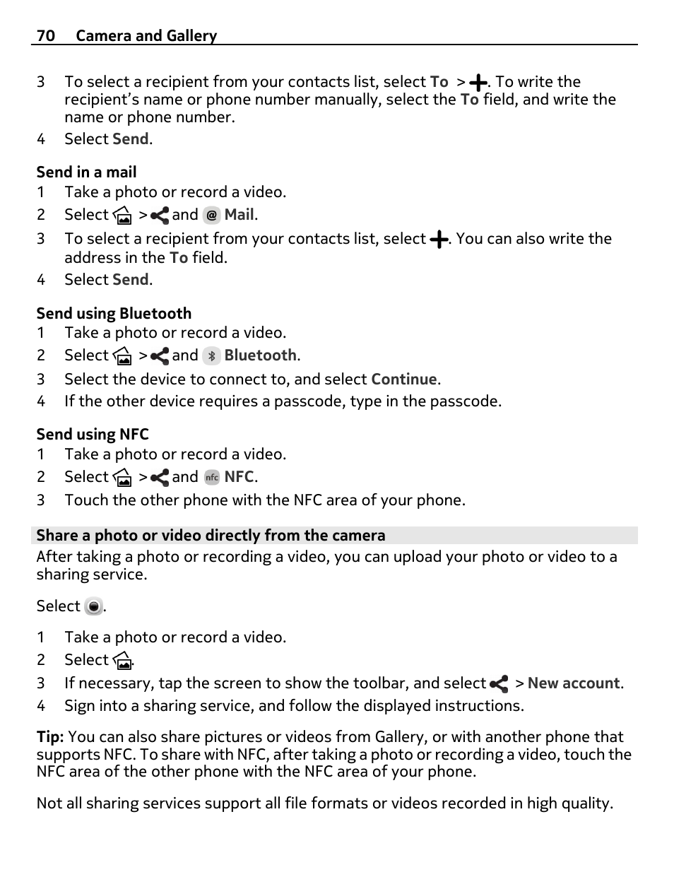 Share a photo or video directly from the camera | Nokia 9 User Manual | Page 70 / 116