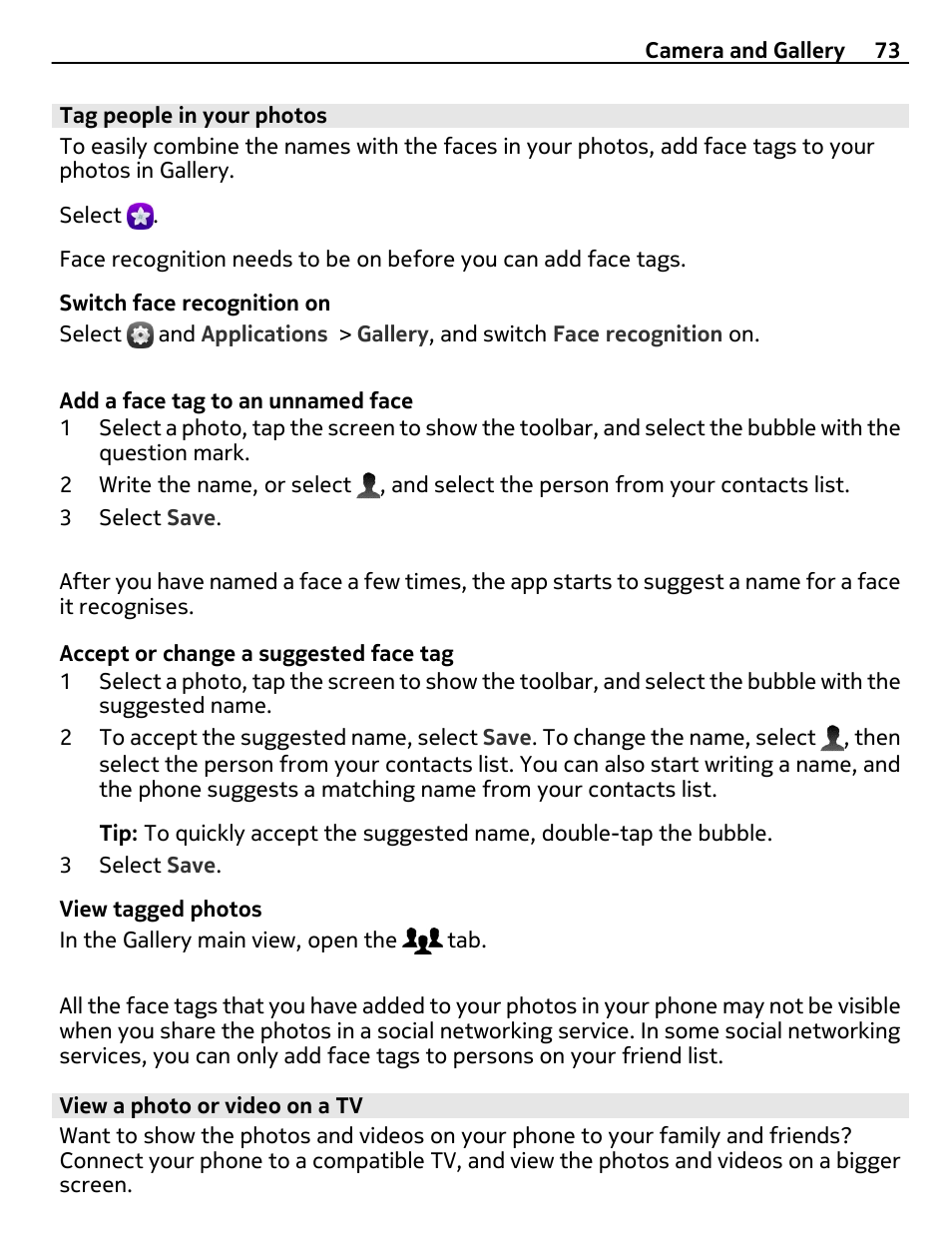 Tag people in your photos, View a photo or video on a tv | Nokia 9 User Manual | Page 73 / 116