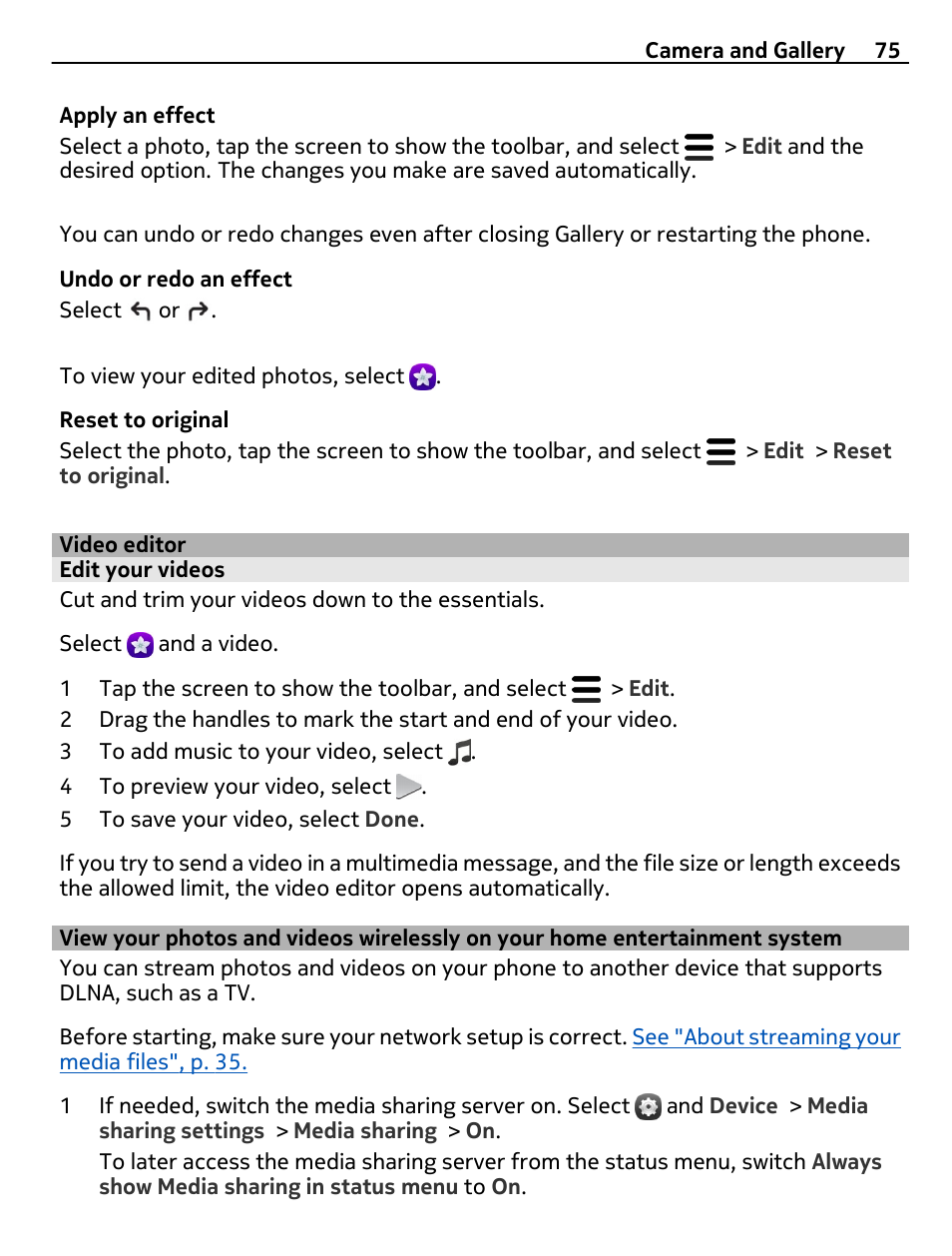 Video editor, Edit your videos, View your photos and videos | Wirelessly on your home, Entertainment system | Nokia 9 User Manual | Page 75 / 116