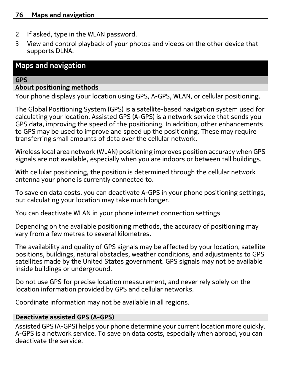Maps and navigation, About positioning methods, Deactivate assisted gps (a-gps) | Nokia 9 User Manual | Page 76 / 116