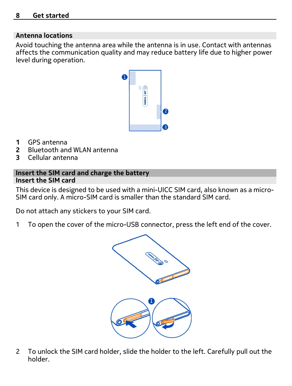 Antenna locations, Insert the sim card and charge the battery, Insert the sim card | Insert the sim card and charge the, Battery | Nokia 9 User Manual | Page 8 / 116