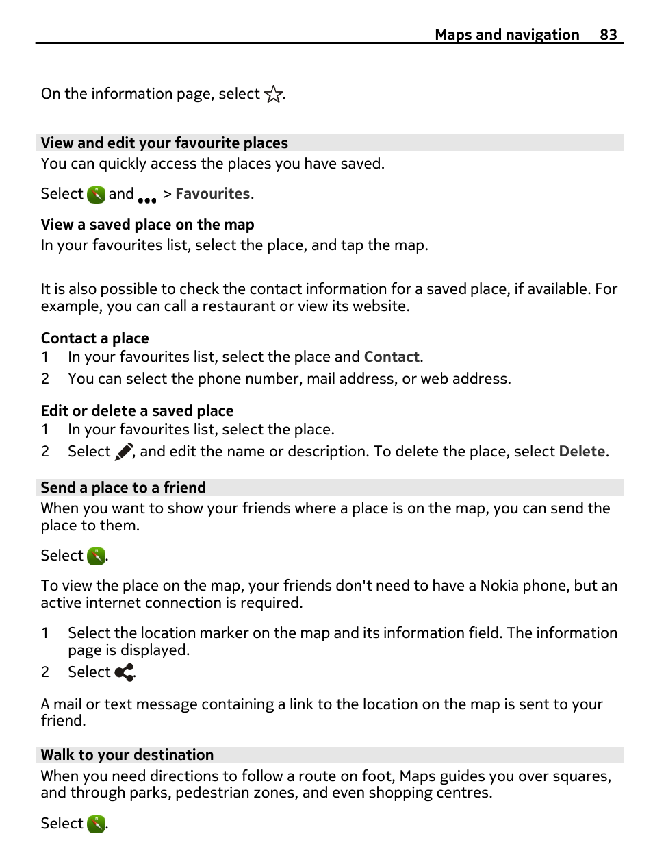 View and edit your favourite places, Send a place to a friend, Walk to your destination | Nokia 9 User Manual | Page 83 / 116