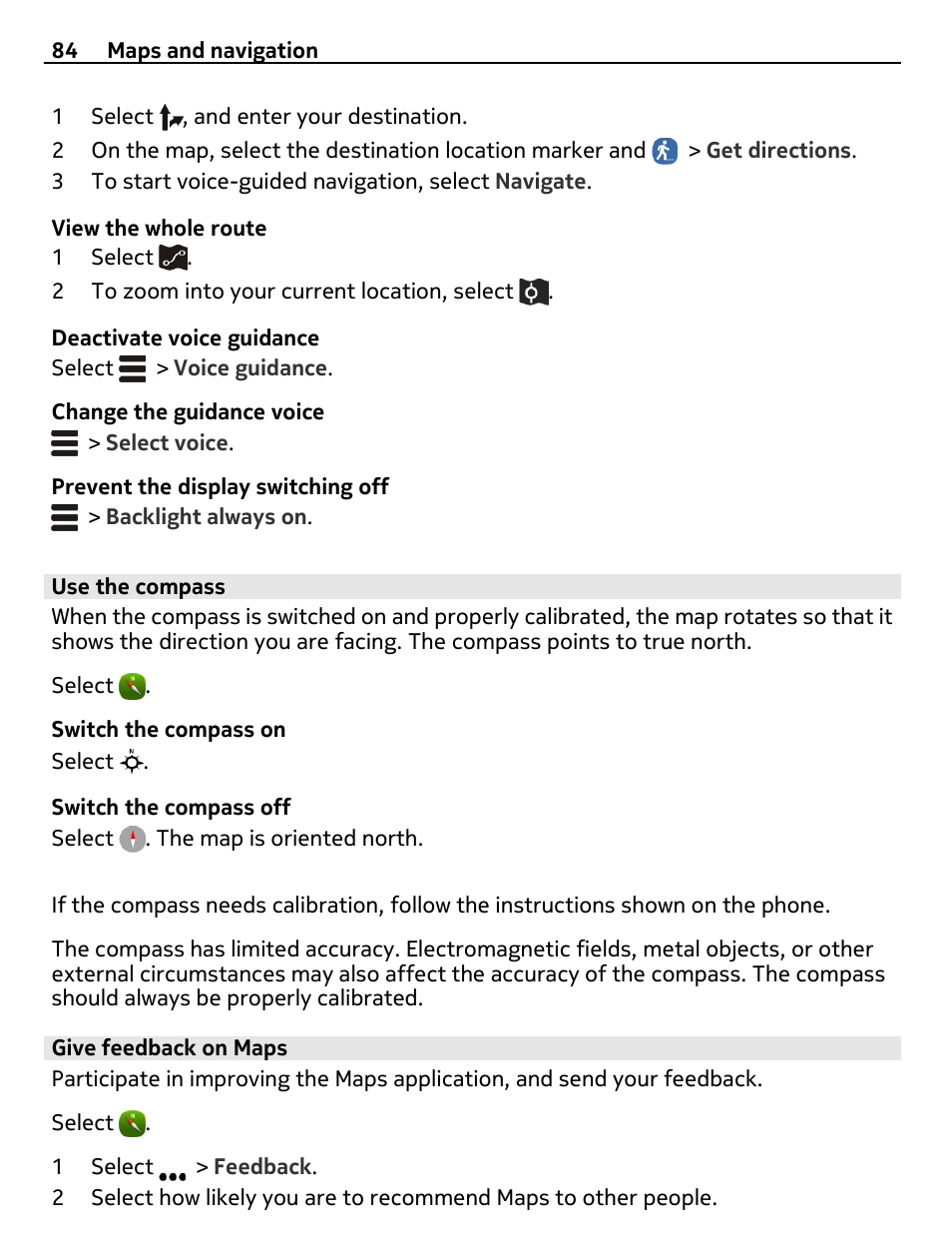 Use the compass, Give feedback on maps | Nokia 9 User Manual | Page 84 / 116