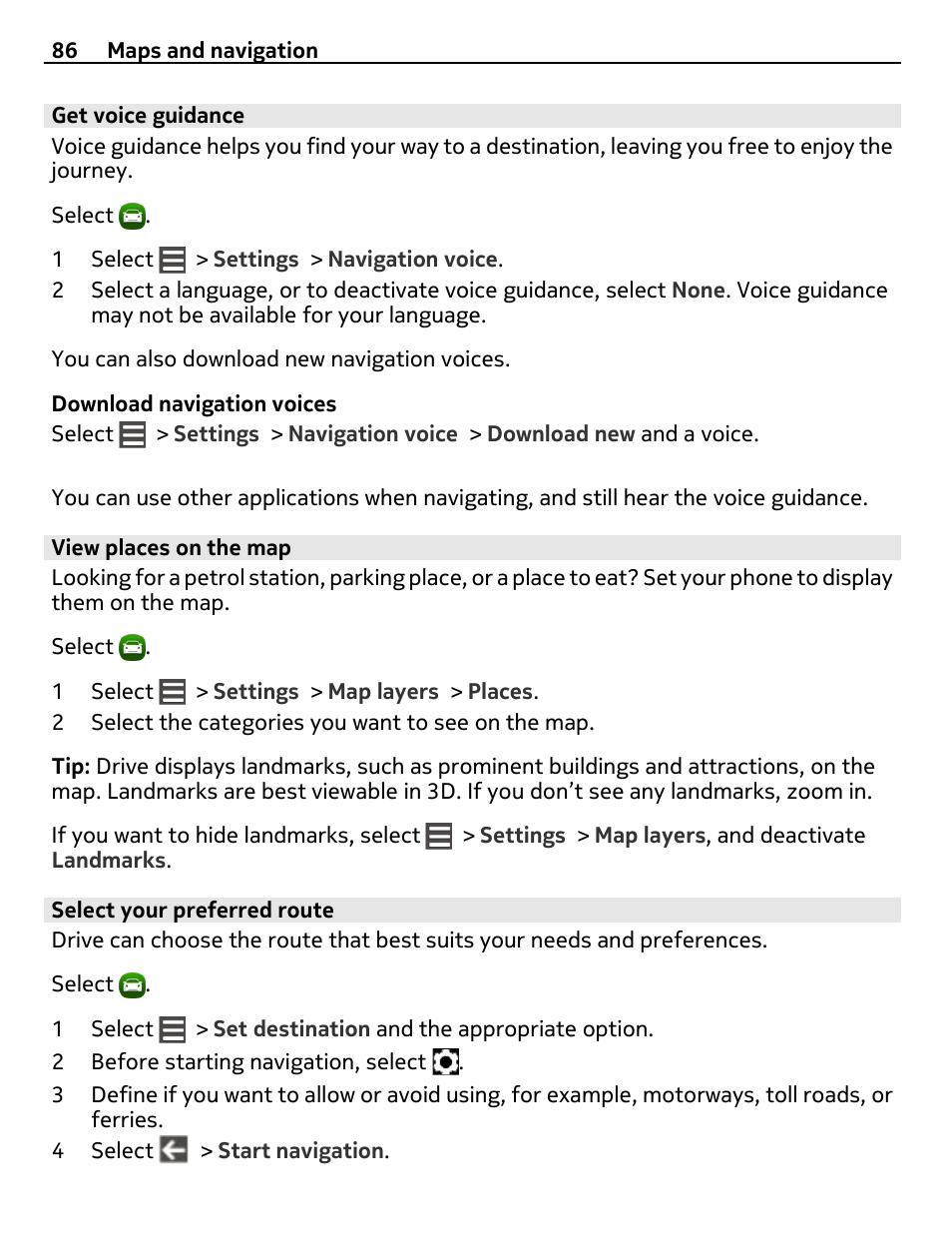 Get voice guidance, View places on the map, Select your preferred route | Nokia 9 User Manual | Page 86 / 116
