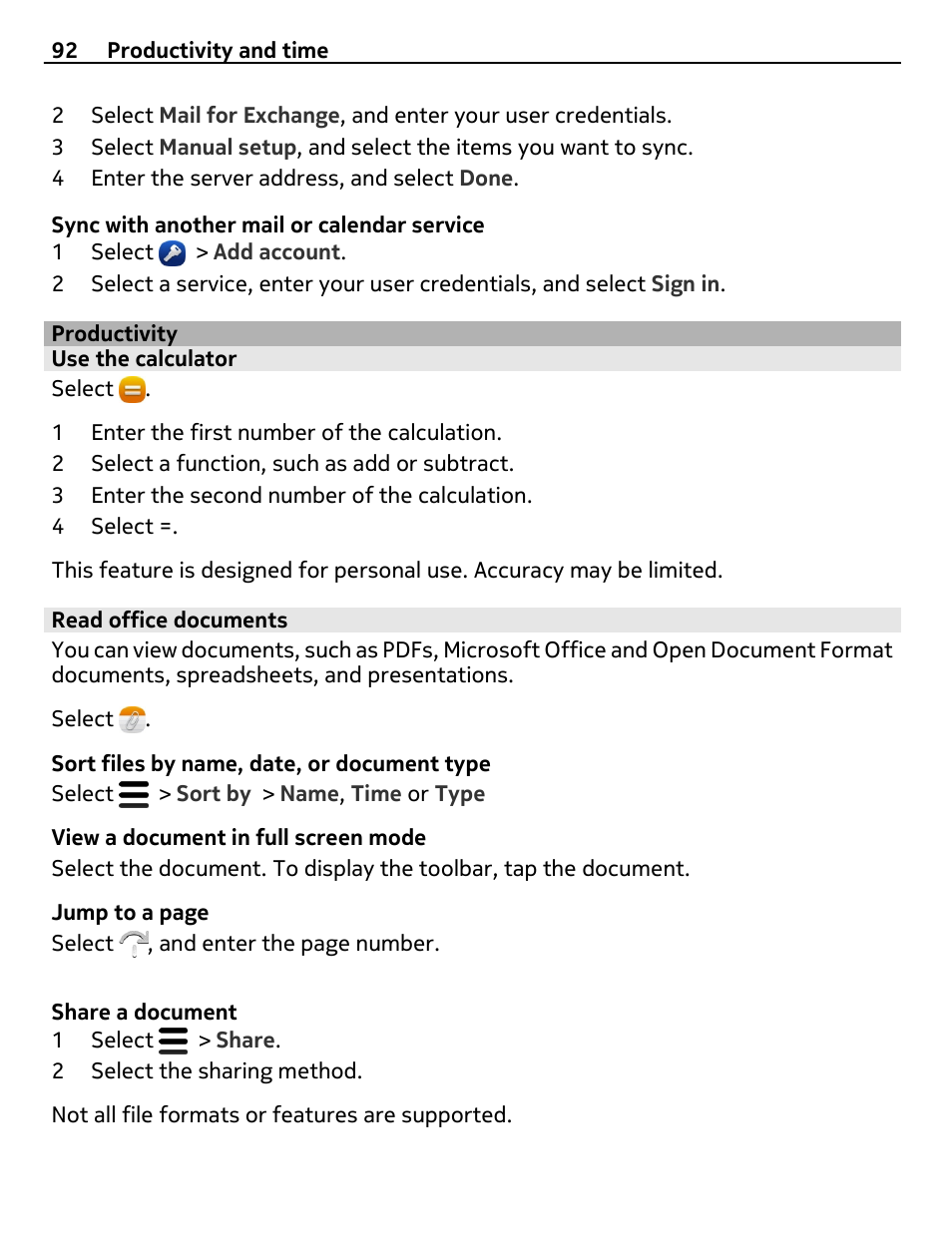 Productivity, Use the calculator, Read office documents | Nokia 9 User Manual | Page 92 / 116