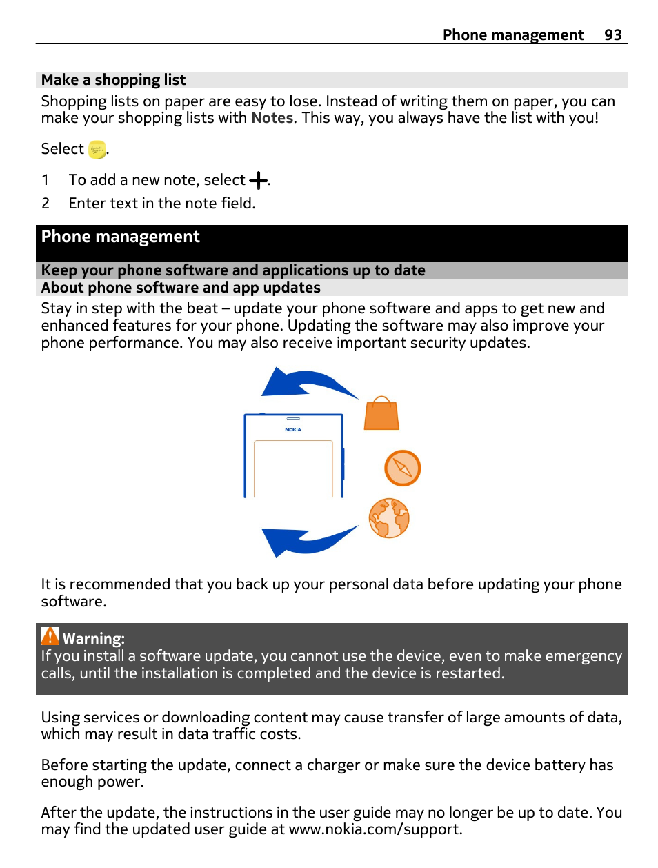 Make a shopping list, Phone management, About phone software and app updates | Keep your phone software and, Applications up to date | Nokia 9 User Manual | Page 93 / 116