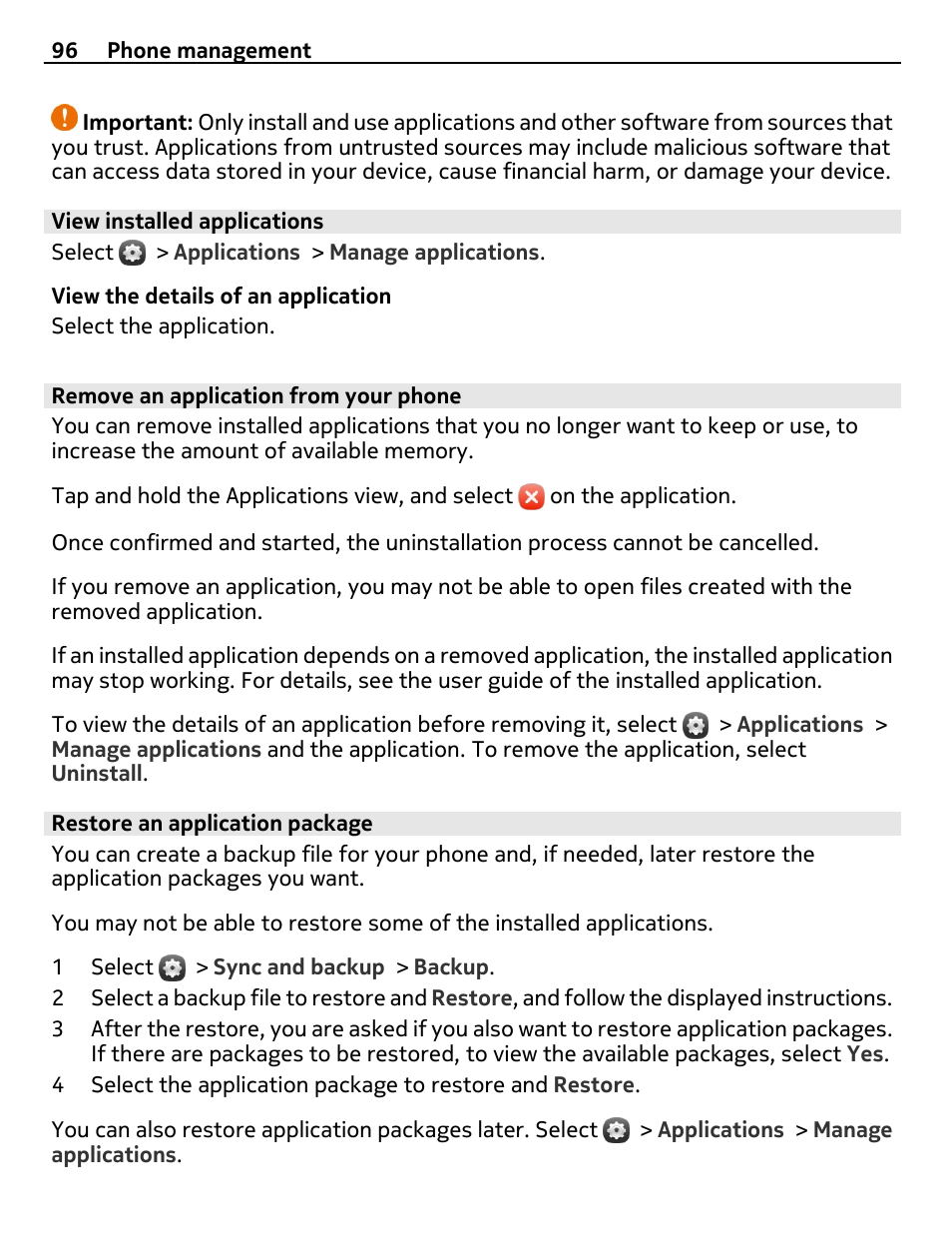 View installed applications, Remove an application from your phone, Restore an application package | Nokia 9 User Manual | Page 96 / 116