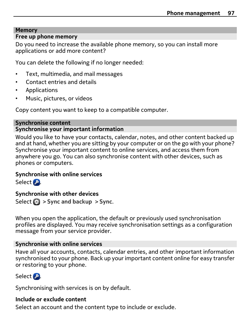 Memory, Free up phone memory, Synchronise content | Synchronise your important information, Synchronise with online services | Nokia 9 User Manual | Page 97 / 116