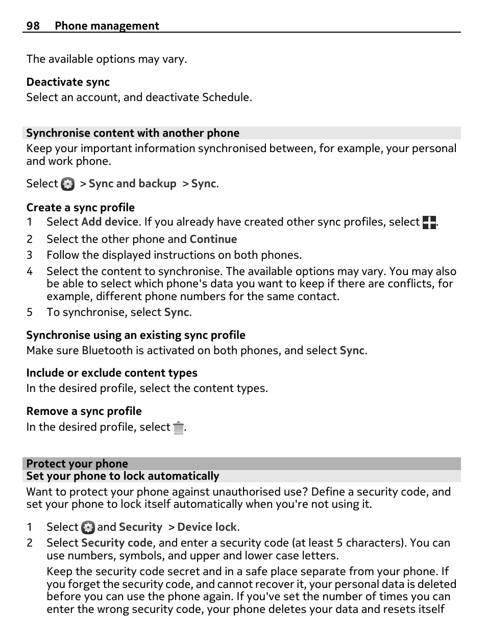 Synchronise content with another phone, Protect your phone, Set your phone to lock automatically | Nokia 9 User Manual | Page 98 / 116