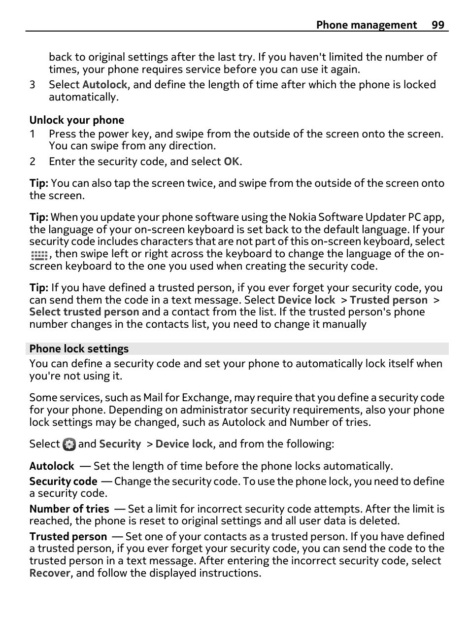 Phone lock settings | Nokia 9 User Manual | Page 99 / 116