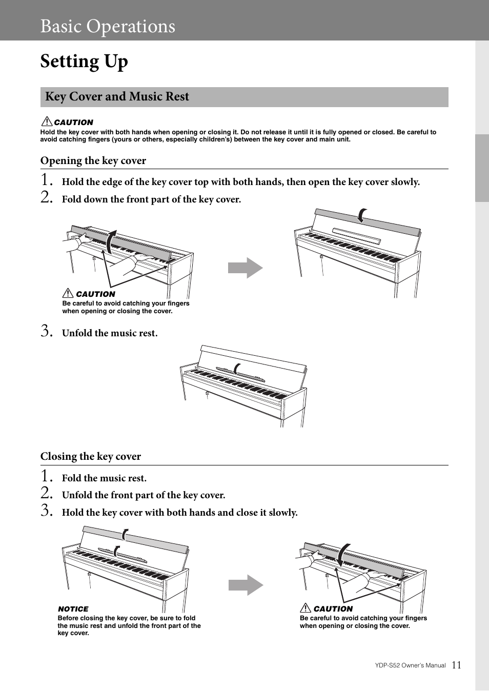 Basic operations, Setting up, Key cover and music rest | Basic operations setting up | Yamaha YDP-S52 User Manual | Page 11 / 40