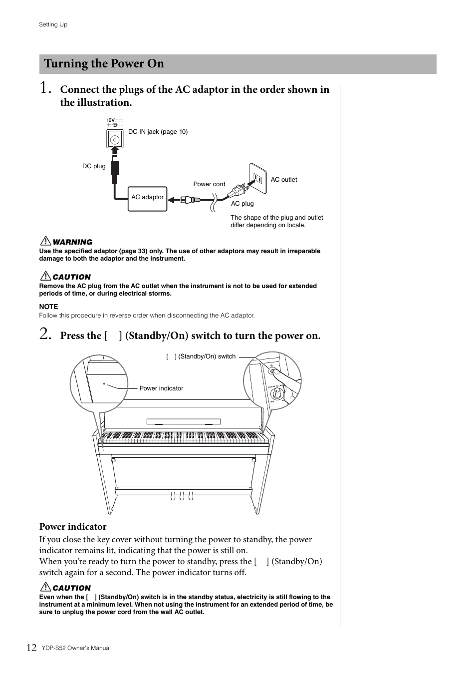 Turning the power on, Power indicator | Yamaha YDP-S52 User Manual | Page 12 / 40