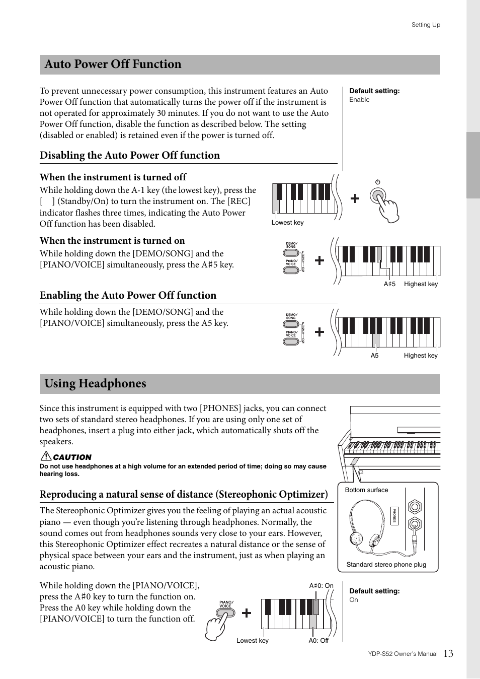 Auto power off function, Using headphones, Auto power off function using headphones | Disabling the auto power off function, Enabling the auto power off function, When the instrument is turned off, When the instrument is turned on | Yamaha YDP-S52 User Manual | Page 13 / 40