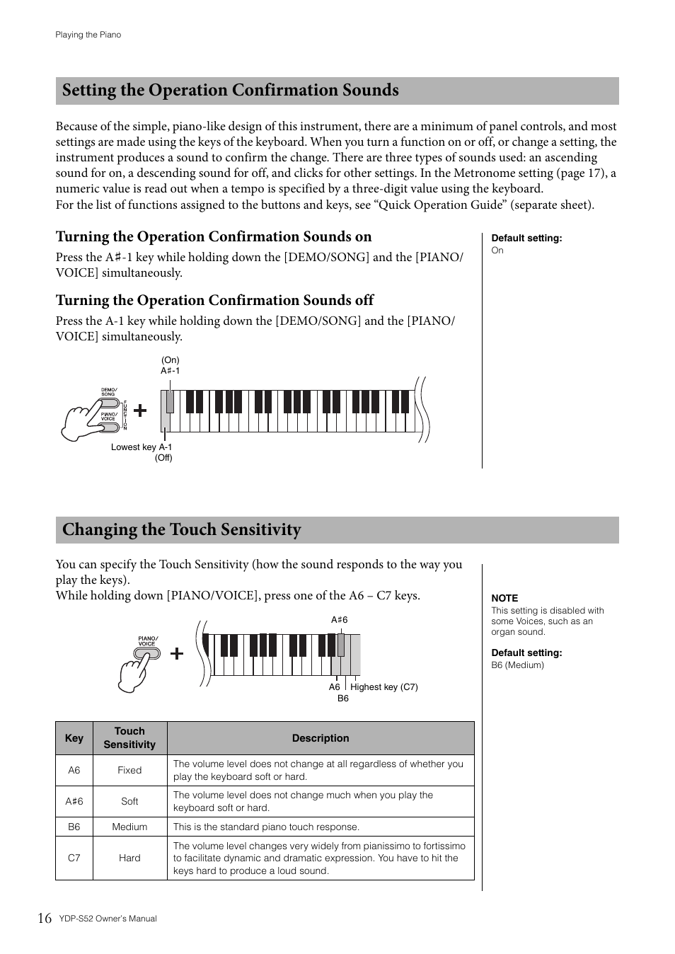 Setting the operation confirmation sounds, Changing the touch sensitivity, Turning the operation confirmation sounds on | Turning the operation confirmation sounds off | Yamaha YDP-S52 User Manual | Page 16 / 40