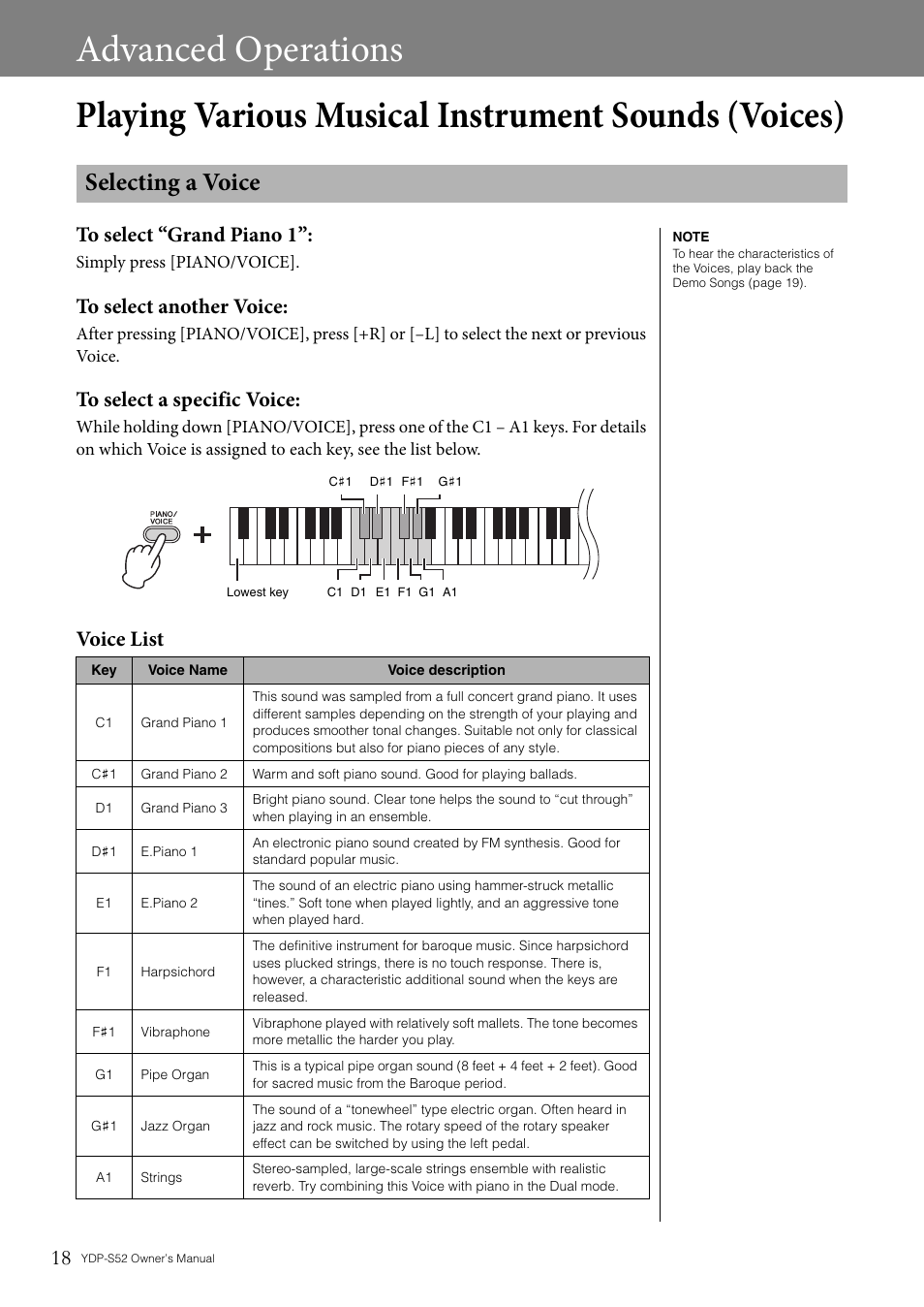 Advanced operations, Playing various musical instrument sounds (voices), Selecting a voice | Voice list | Yamaha YDP-S52 User Manual | Page 18 / 40