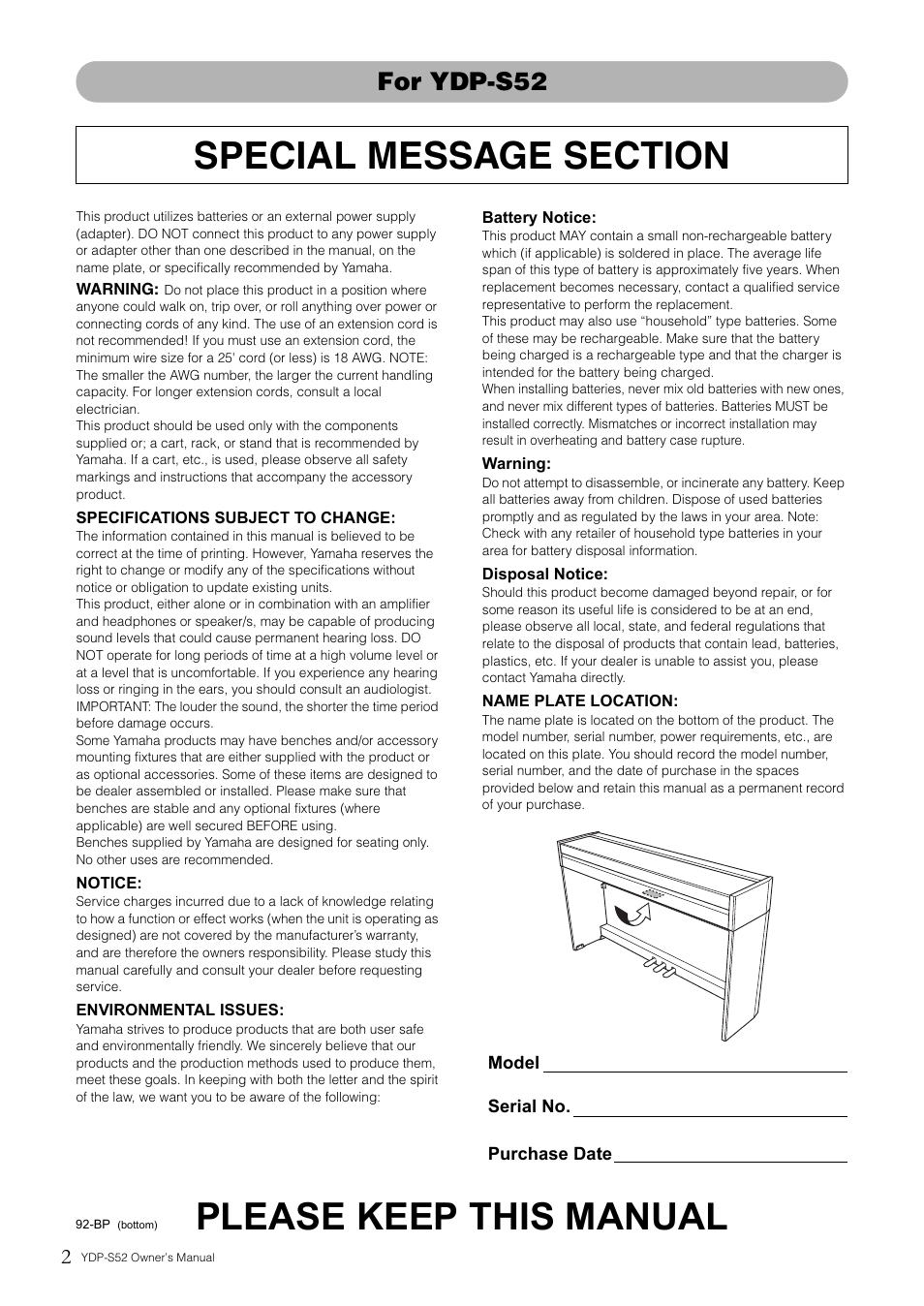 Please keep this manual, For ydp-s52 | Yamaha YDP-S52 User Manual | Page 2 / 40